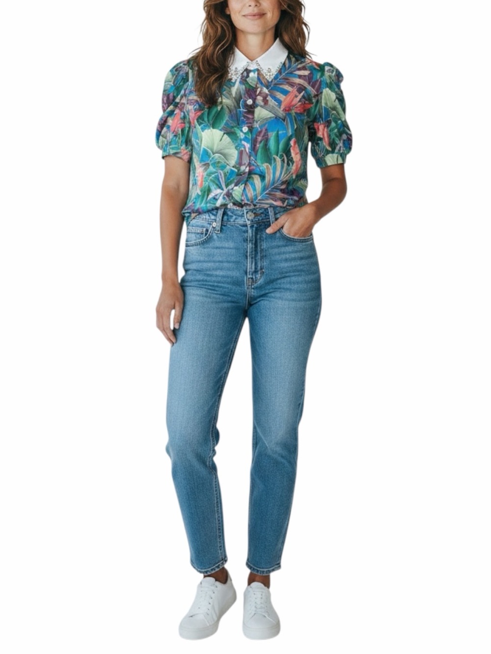 The Moon Women’s Blue Tropical Floral Blouse Shirt Large Embellished Collar Puff
